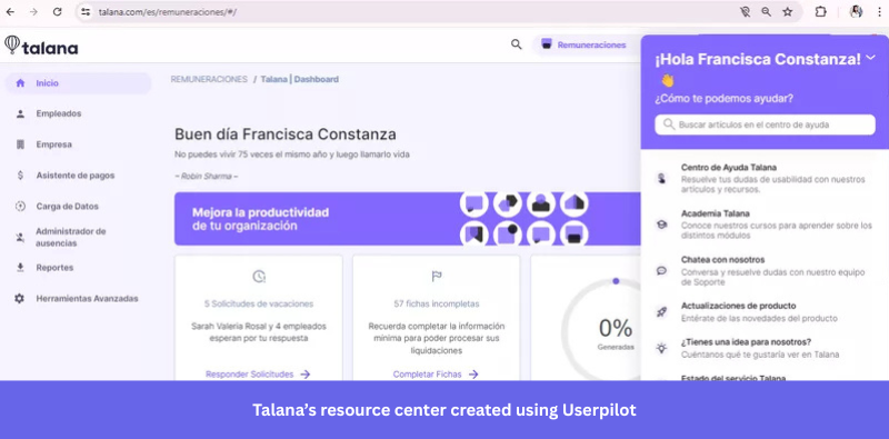 Screenshot showing the resource center that Talana used Userpilot to create.