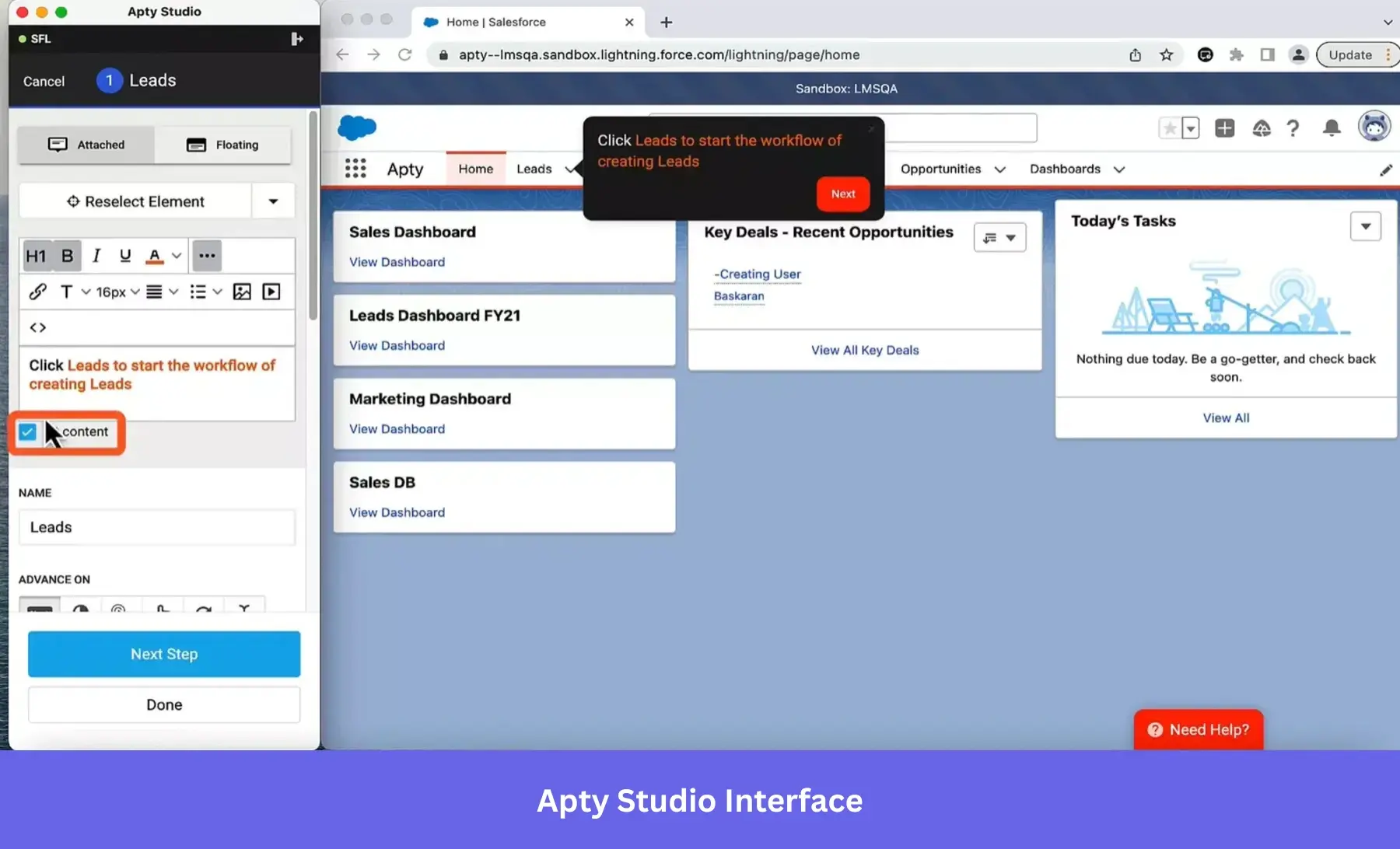 Apty Studio interface showing step editor and contextual guidance preview inside Salesforce. Apty lets you design in-app guidance directly on top of enterprise tools like Salesforce, with a live step preview.