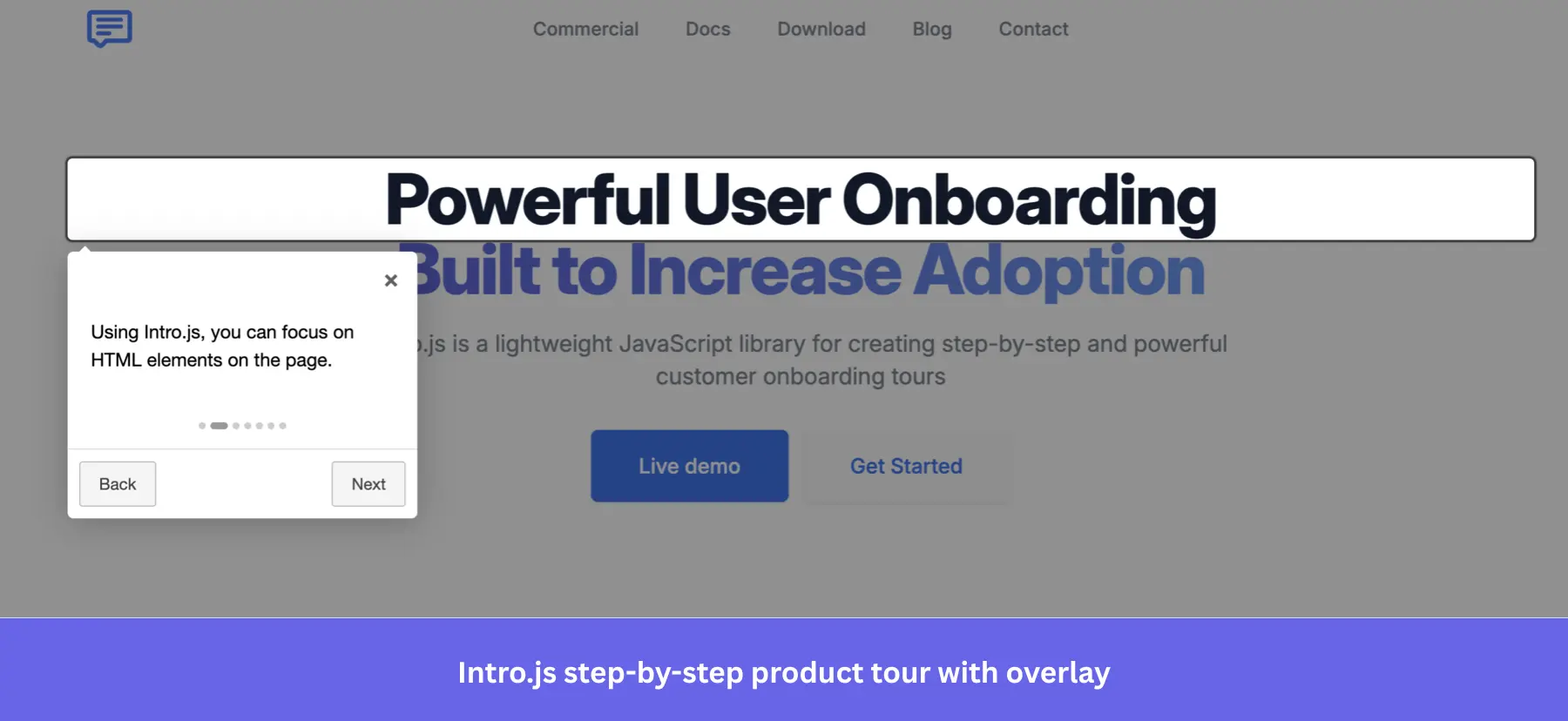 Screenshot of a product tour step on the Shepherd.js website.