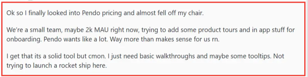 Reddit post about Pendo being too expensive for an early stage SaaS.