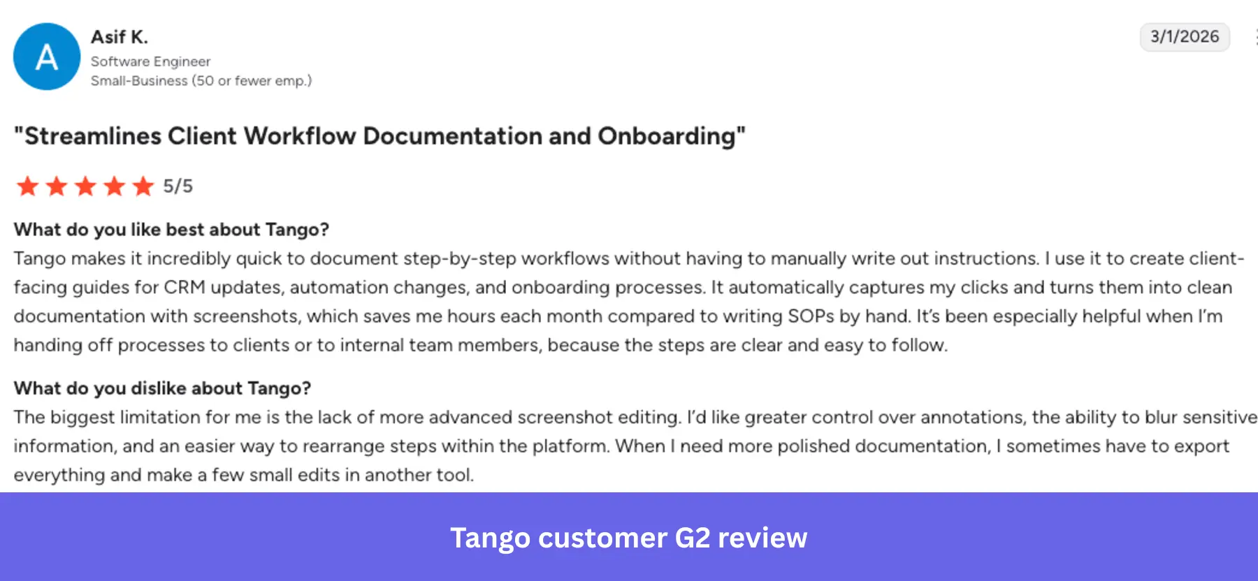 Tango Customer review