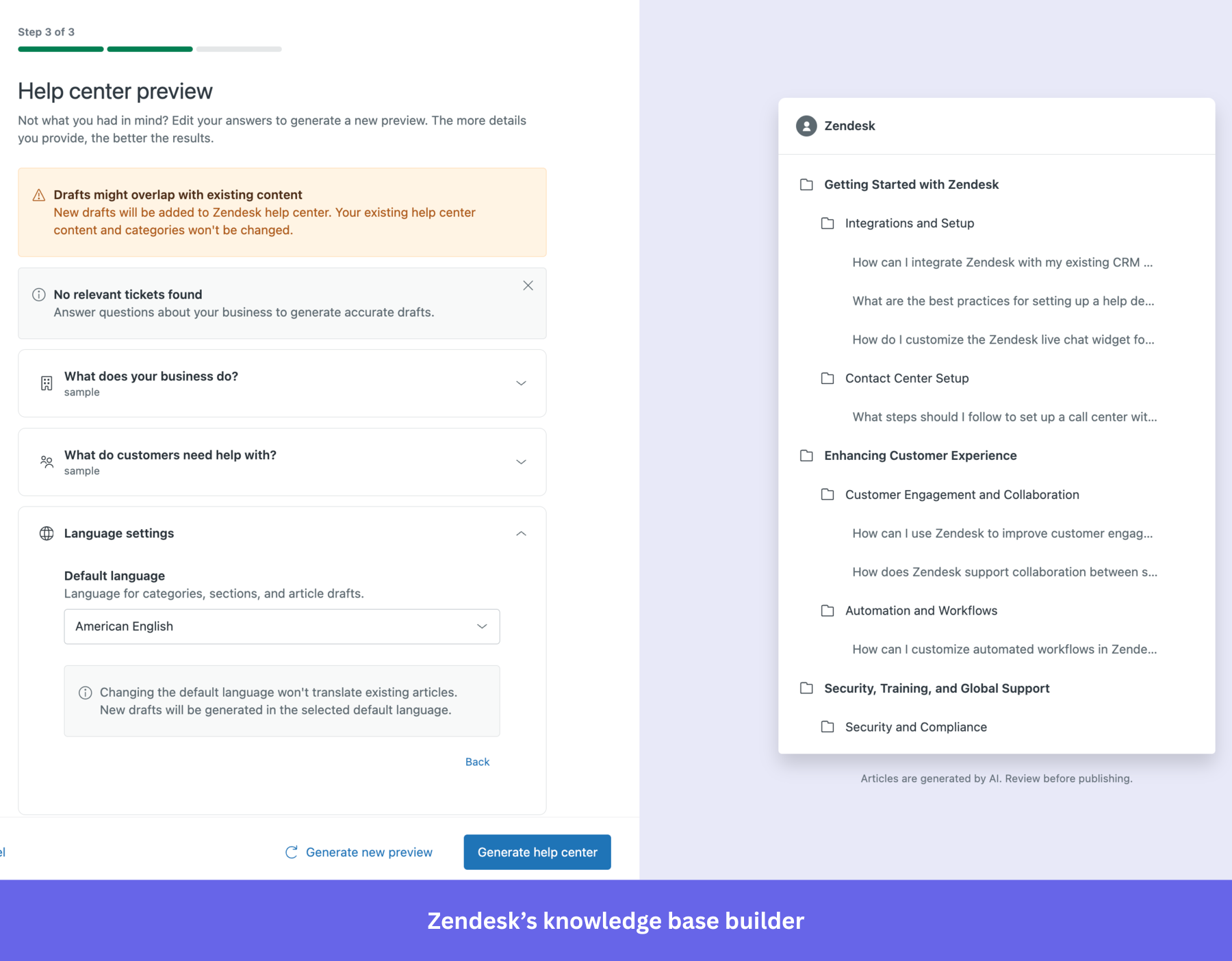 A screenshot of the Zendesk "Help center preview" builder.