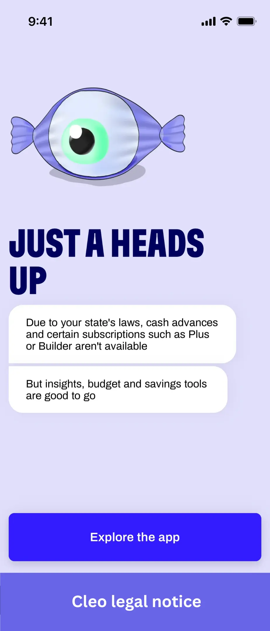 Cleo detailed information before bank account linking. Cleo communicating about what your state's laws allow you to do.
