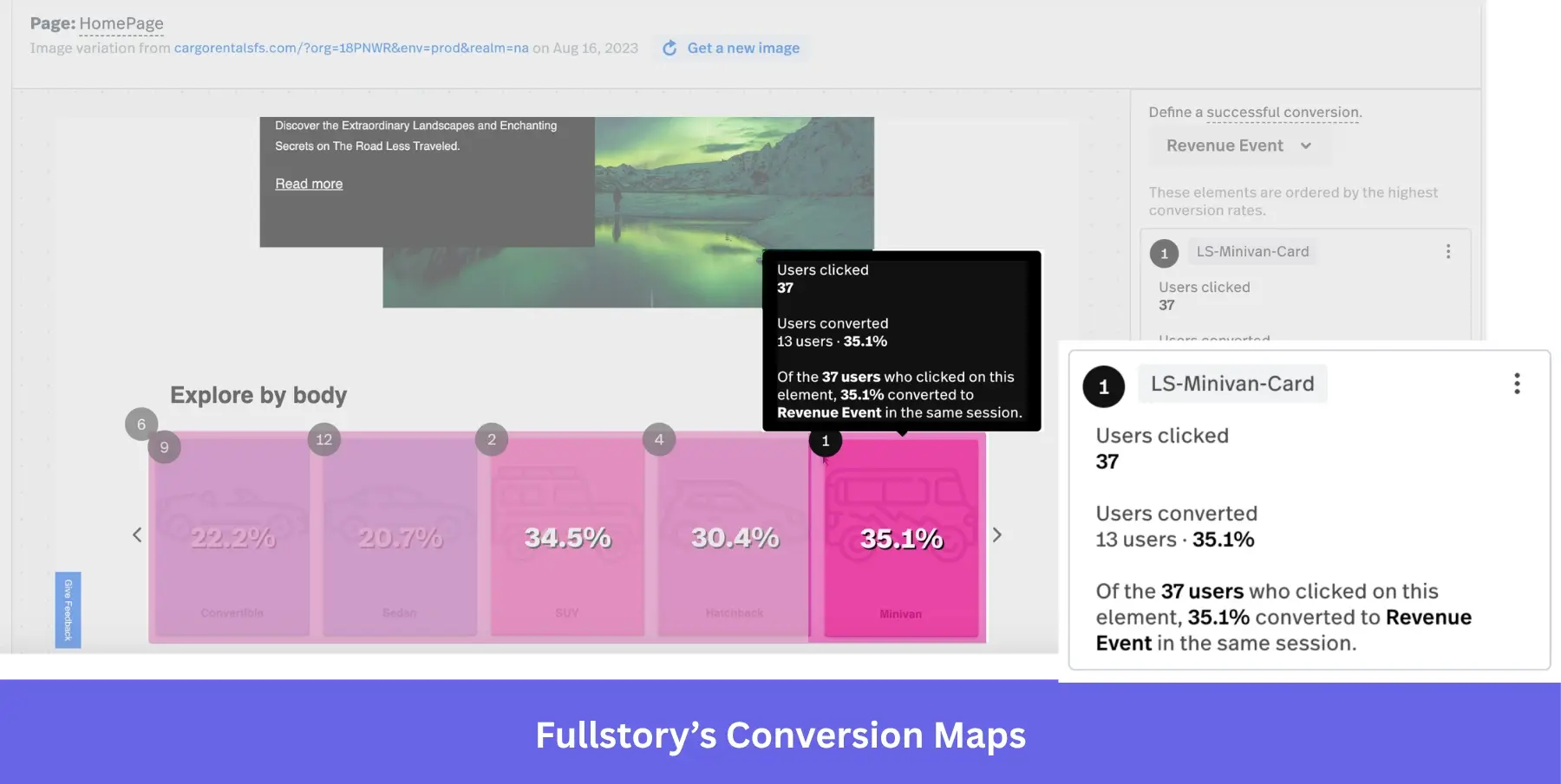 Fullstory conversion map. Exploring what elements drive more conversions with Fullstory.