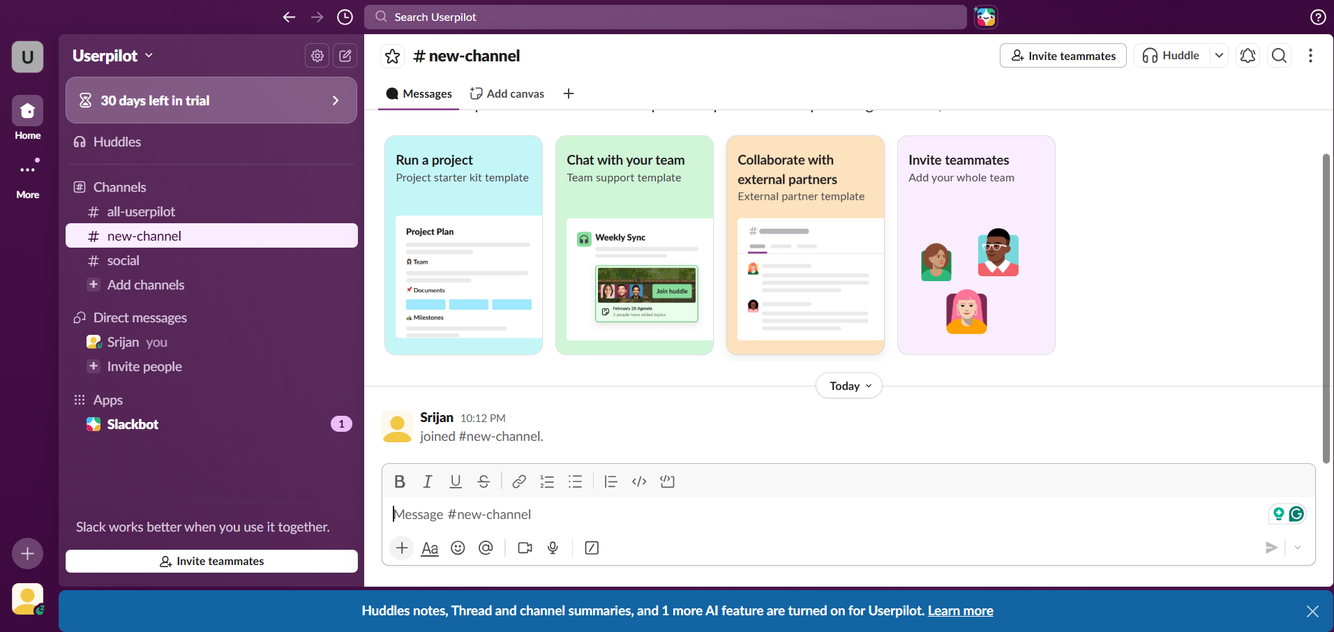 Slack's dashboard after survey completion