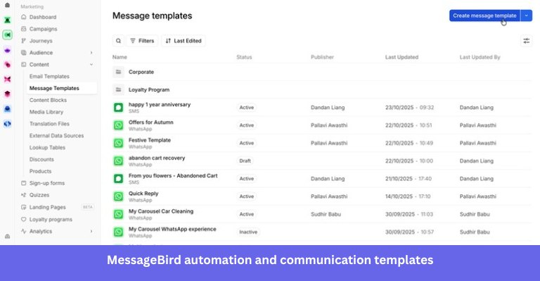 MessageBird's automation and communication template feature