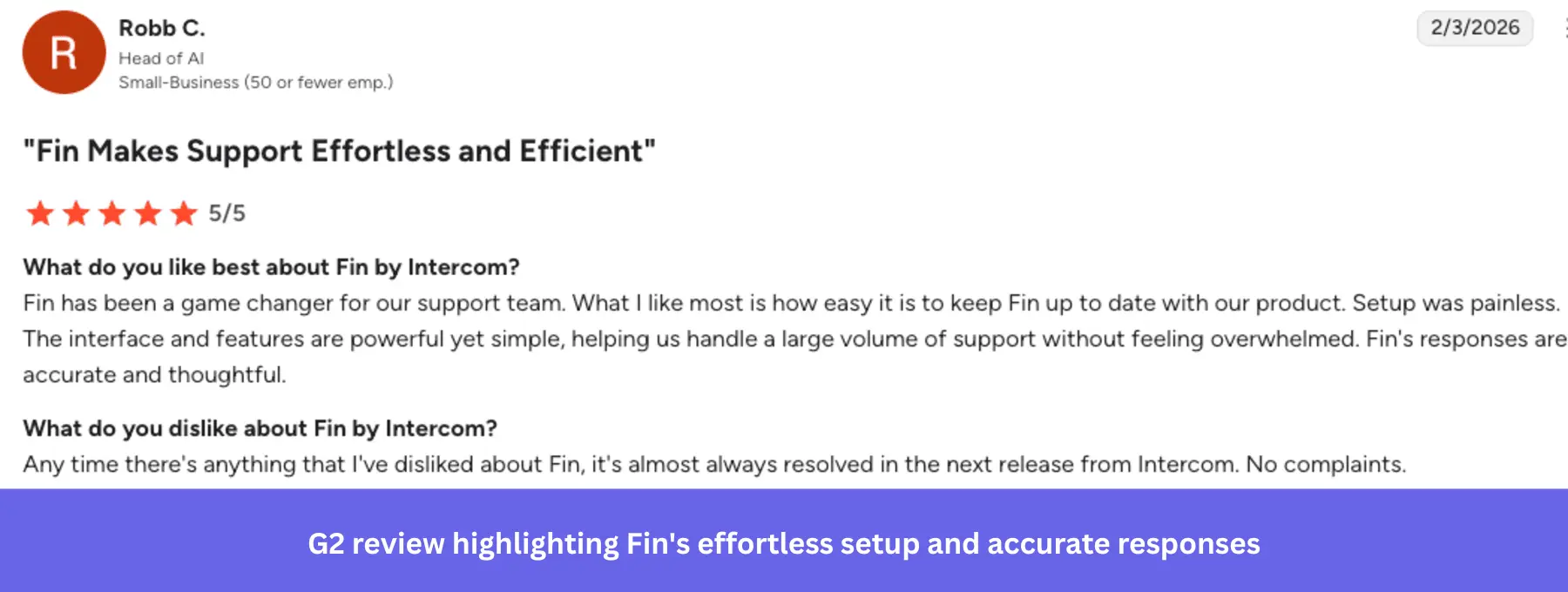 G2 review calling Fin a 'game changer' for support efficiency.