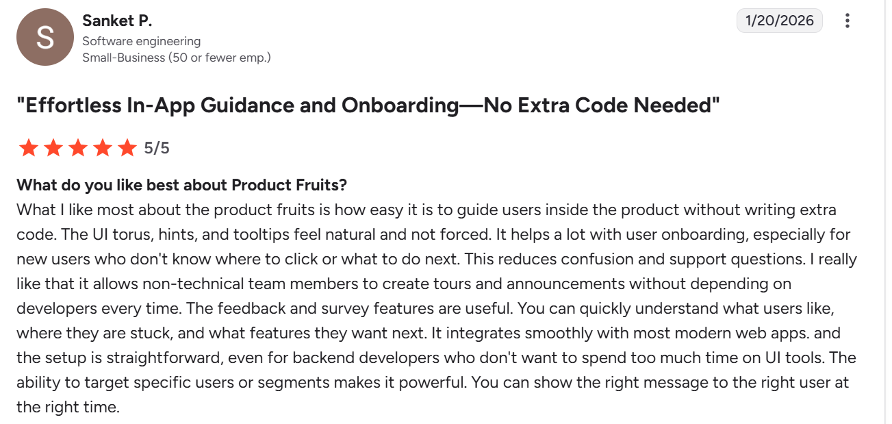 G2 review about ProductFruit's onboarding and feedback tools.