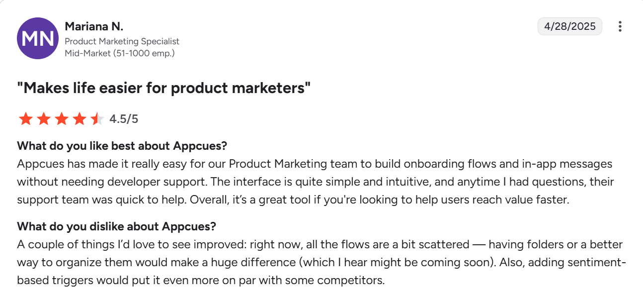 G2 reviewing showing Appcues' ease in onboarding new users.