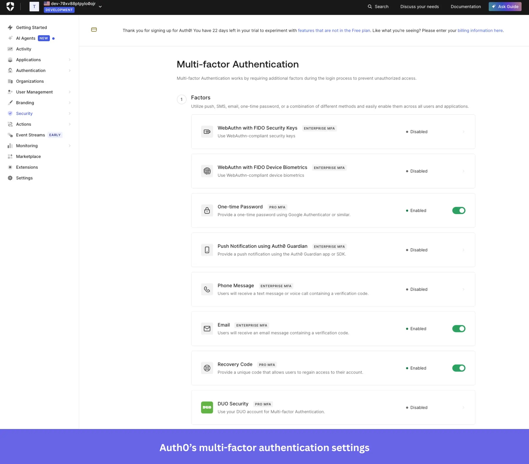 Screenshot of the Auth0 "Multi-factor Authentication" settings dashboard.