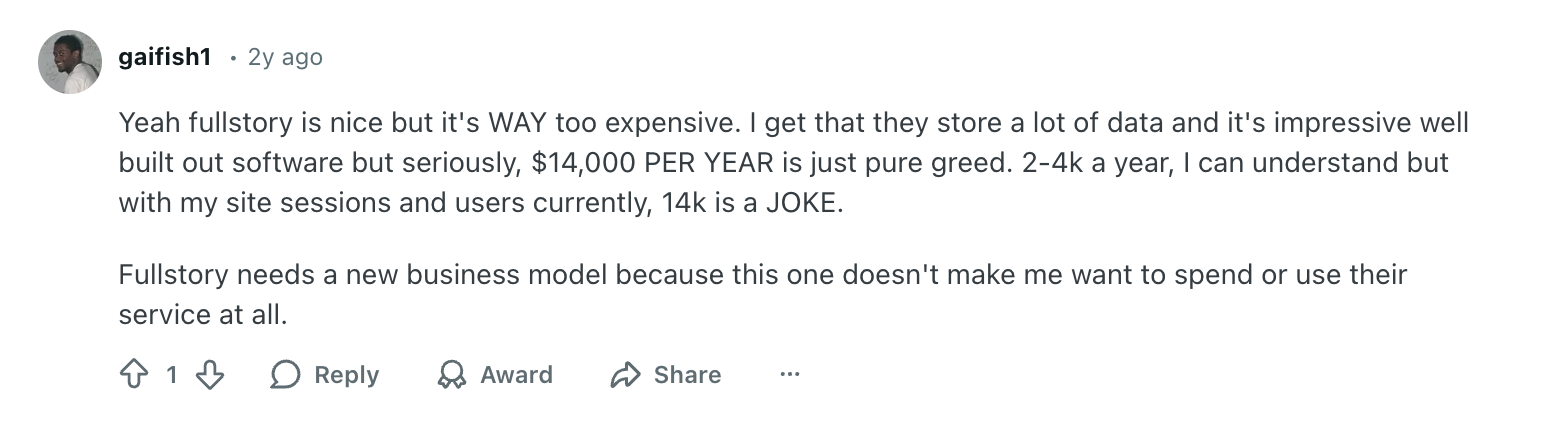 Reddit comment about Fullstory's expensive pricing.