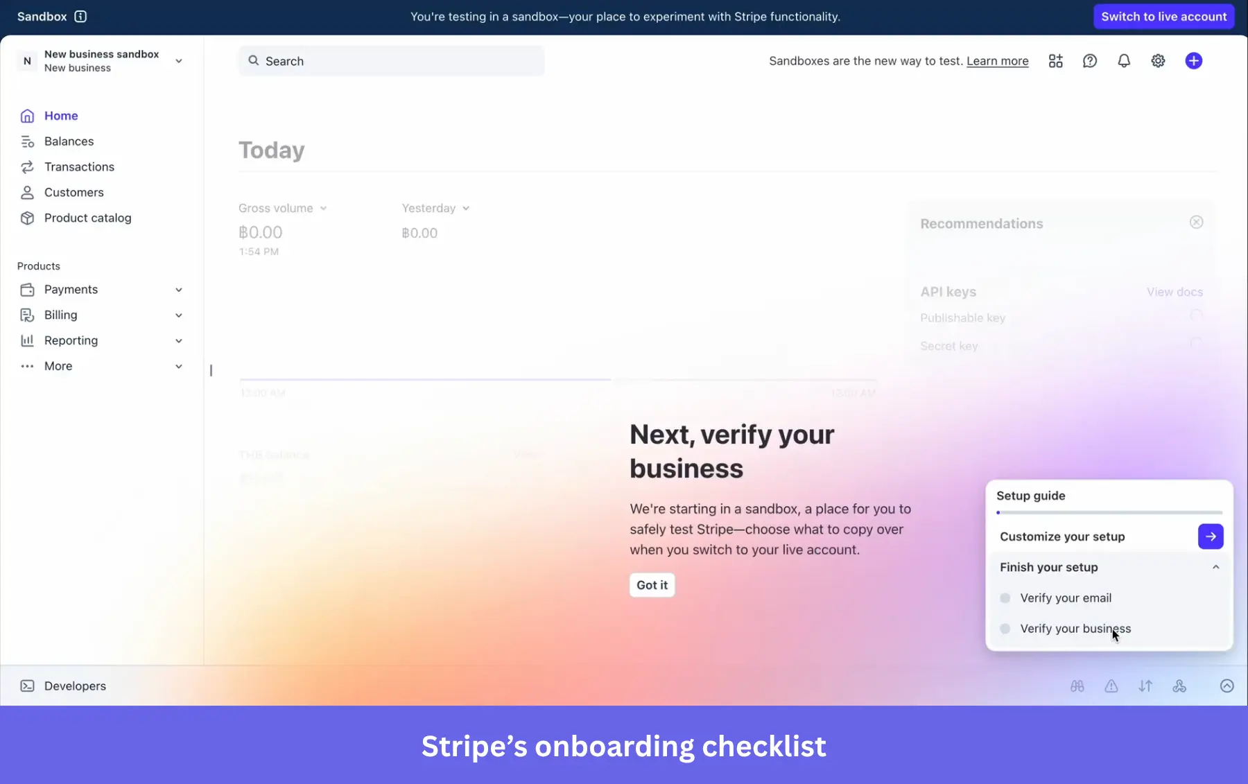 Stripe checklist for diverse users to provide information. Stripe asks you to verify your email and business, but you can ignore it to explore the sandbox if you want.