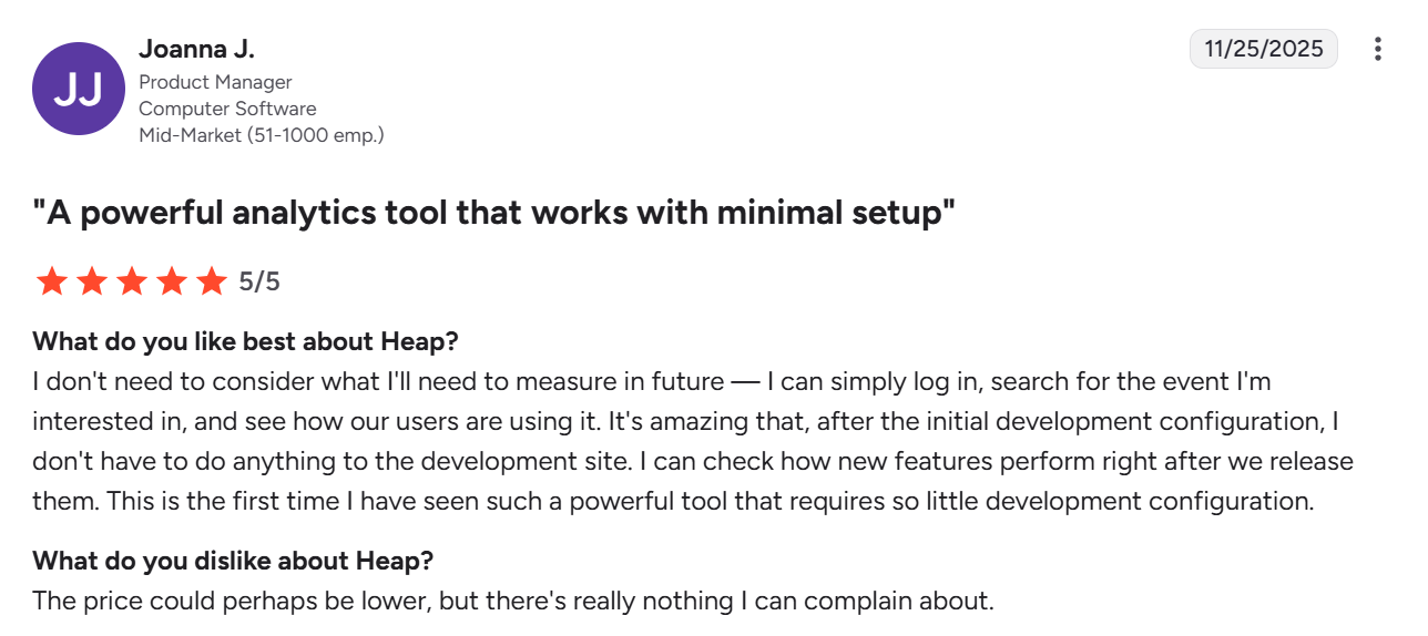 Heap user praising the platform's robust analytics.