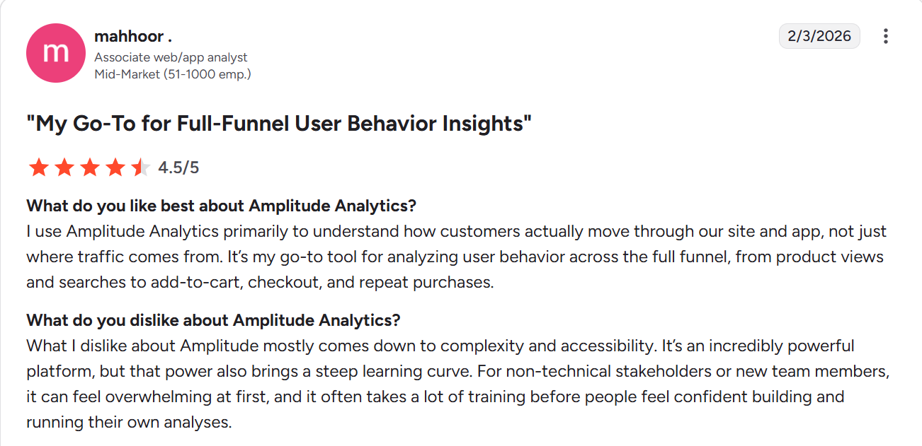 G2 review showing Amplitude's effectiveness across multiple data sources.