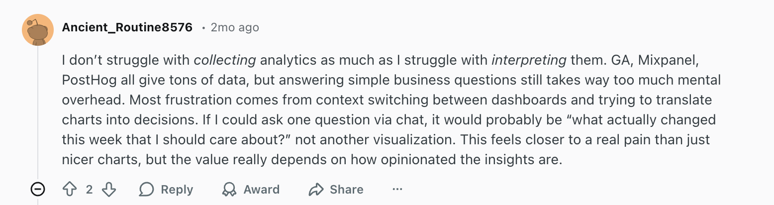 Reddit comment about difficulty interpreting customer data.