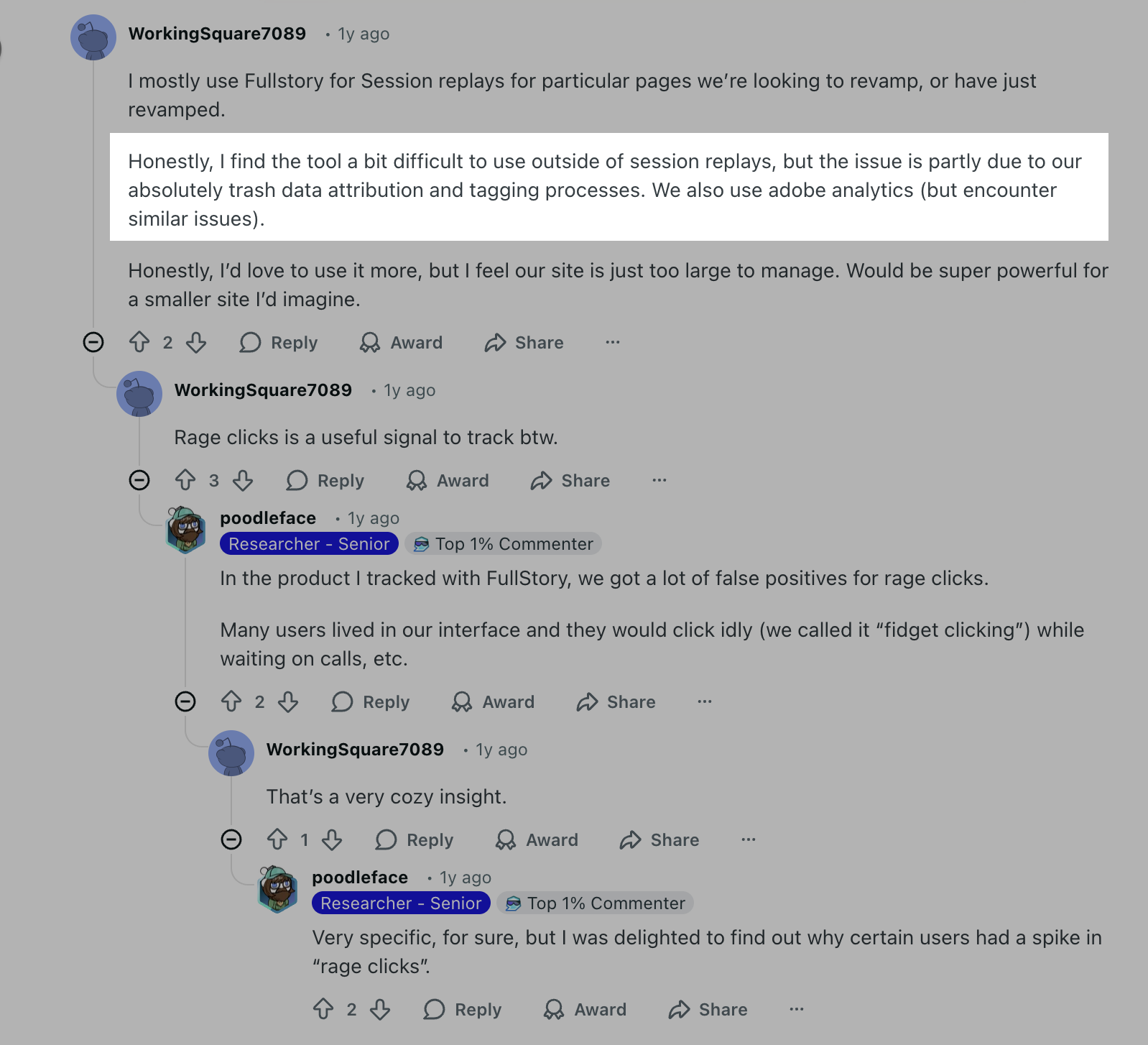 discussion on reddit about fullstory