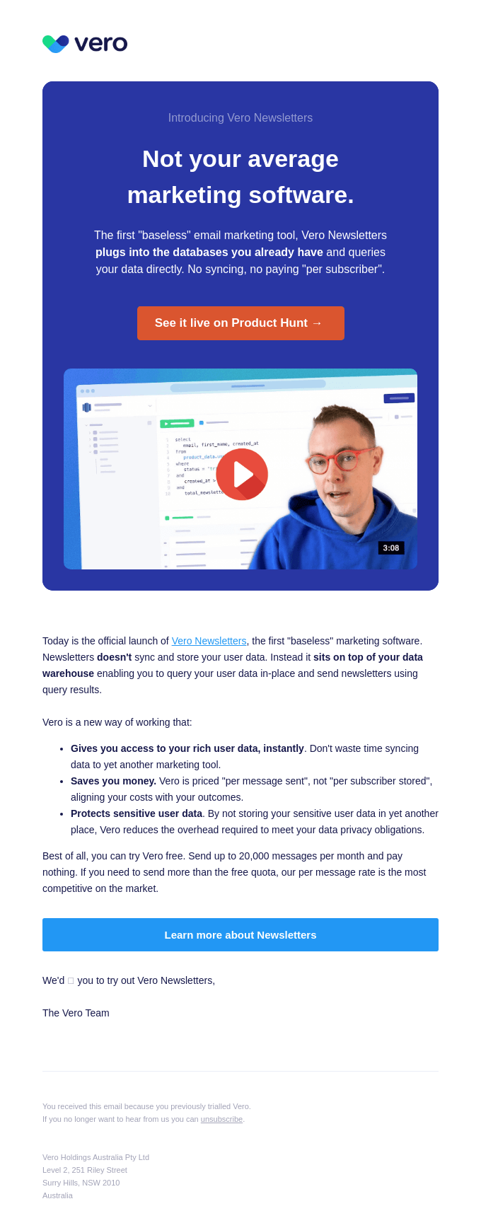 Vero product hunt launch email