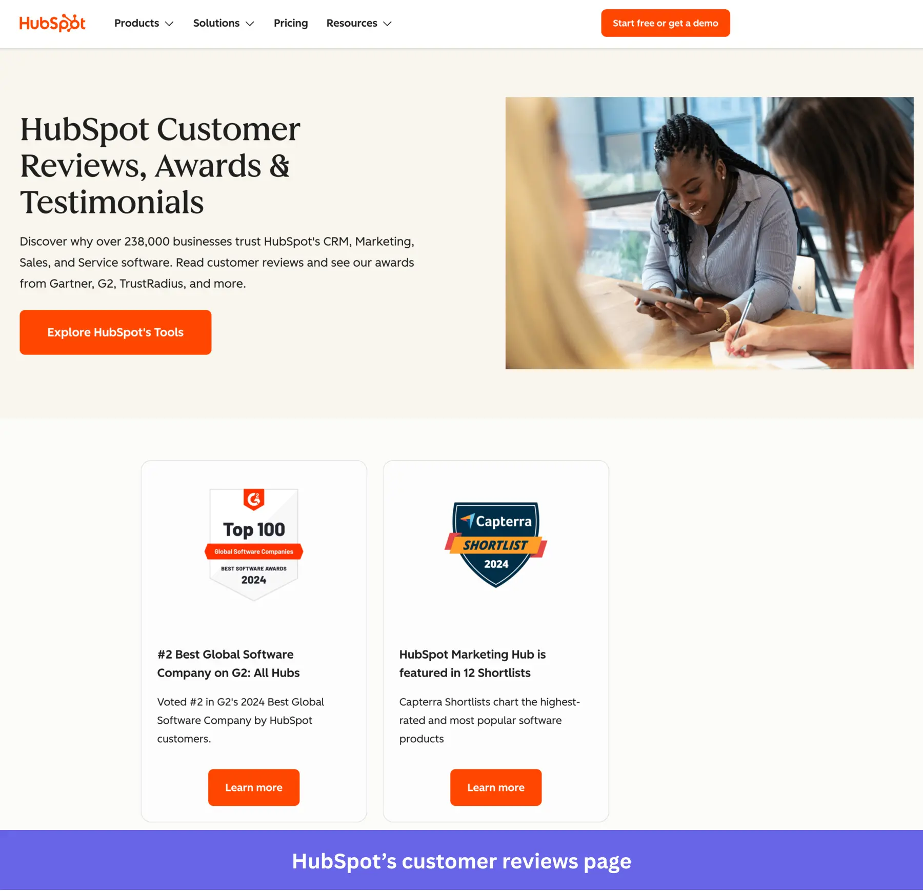 HubSpot customer reviews page