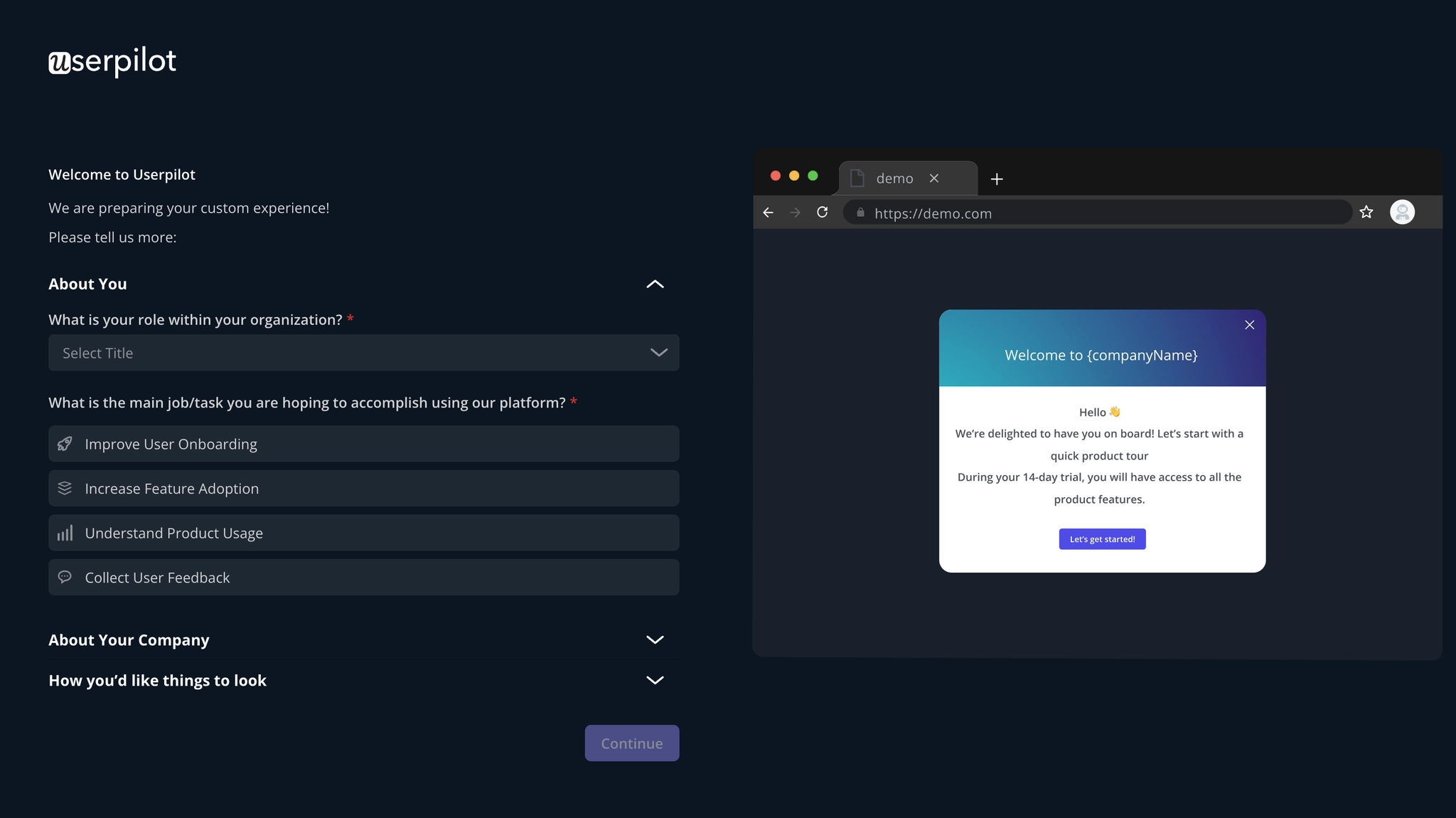 Userpilot's user onboarding screen