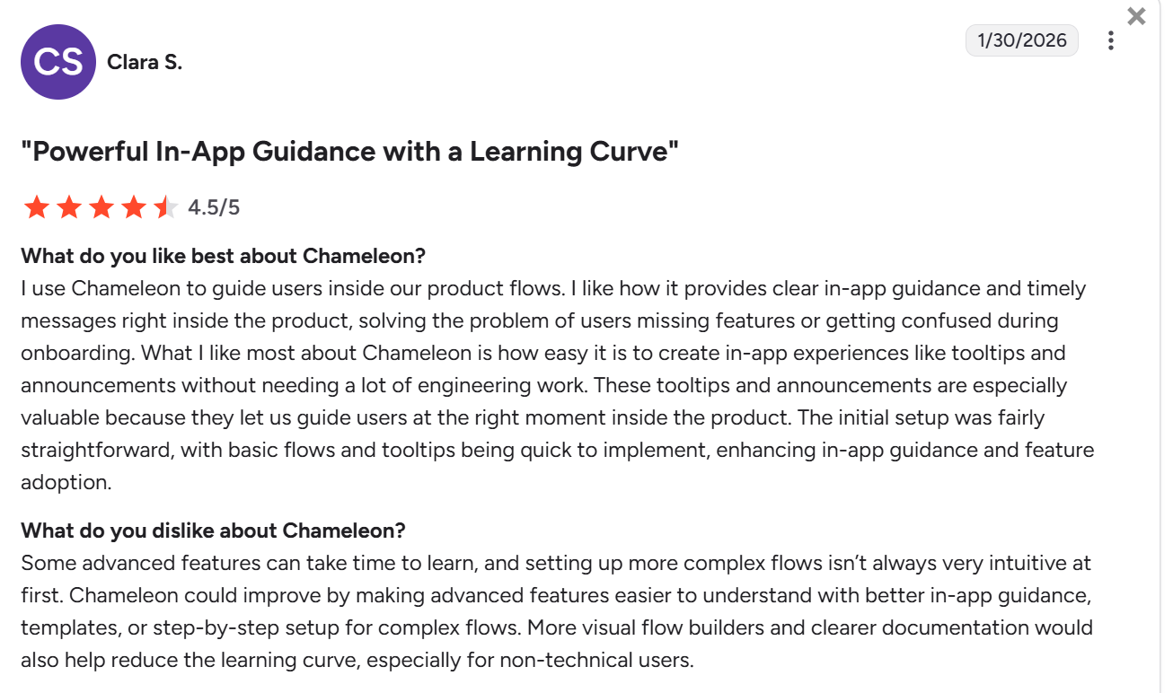 G2 review about chameleon's pros and learning curve.