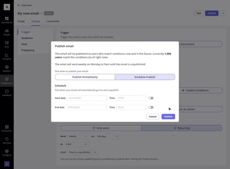 Userpilot email schedule publish configuration screen.