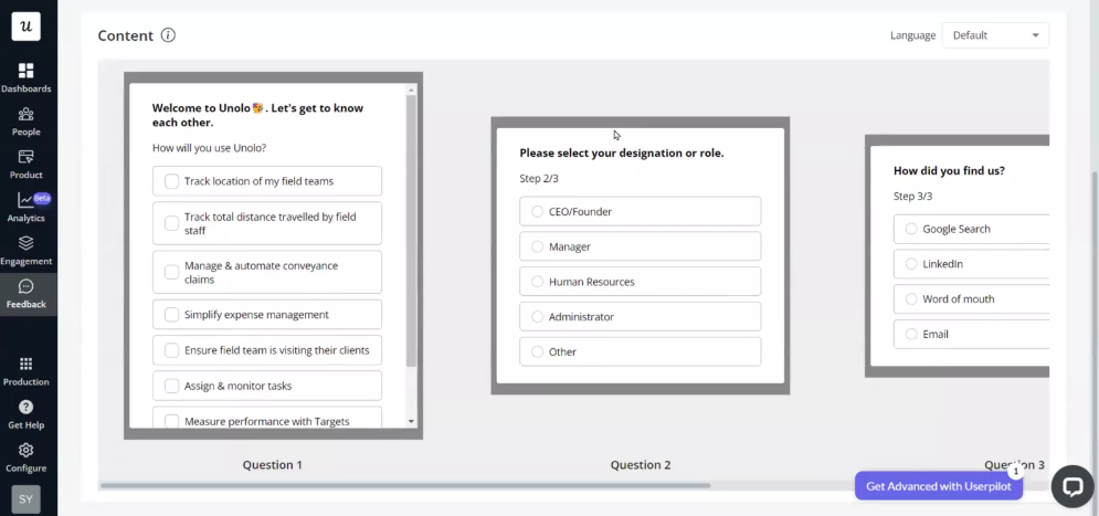 Unolo's welcome survey via Userpilot
