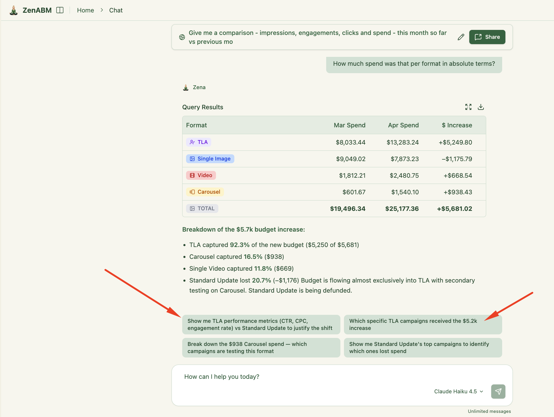 Follow up questions on agent responses in ZenABM