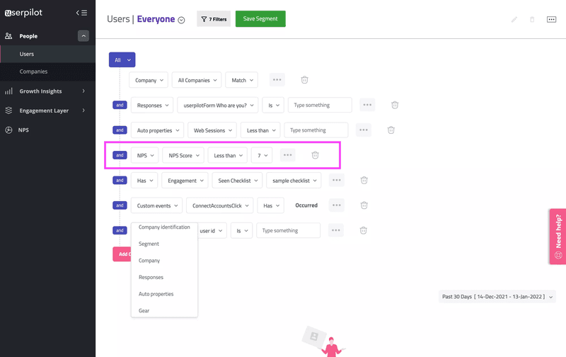 Screenshot of Userpilot user segmentation.