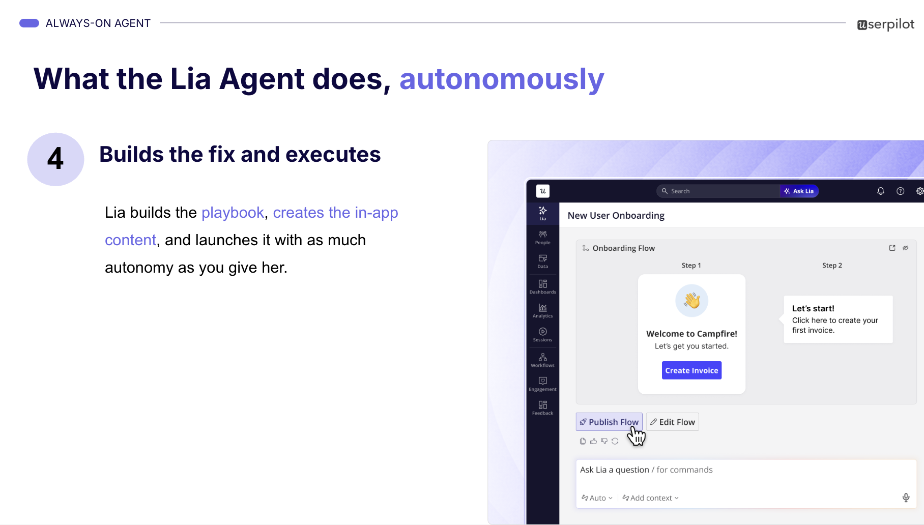 Userpilot AI Agent Lia builds onboarding experiences autonomously