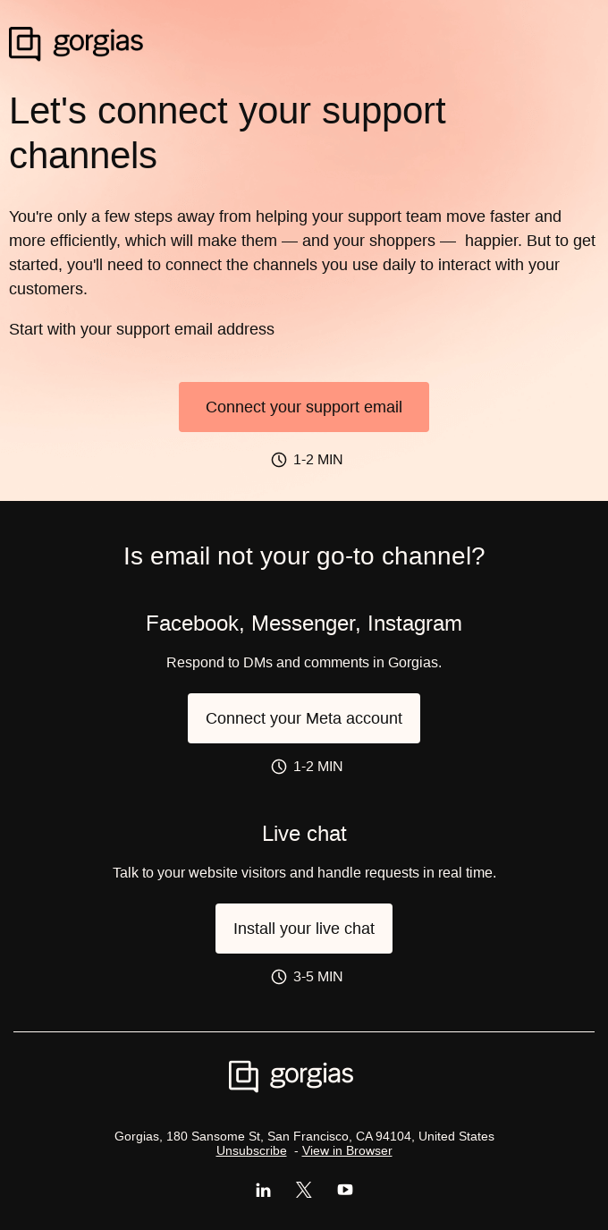 Gorgias channel setup onboarding email