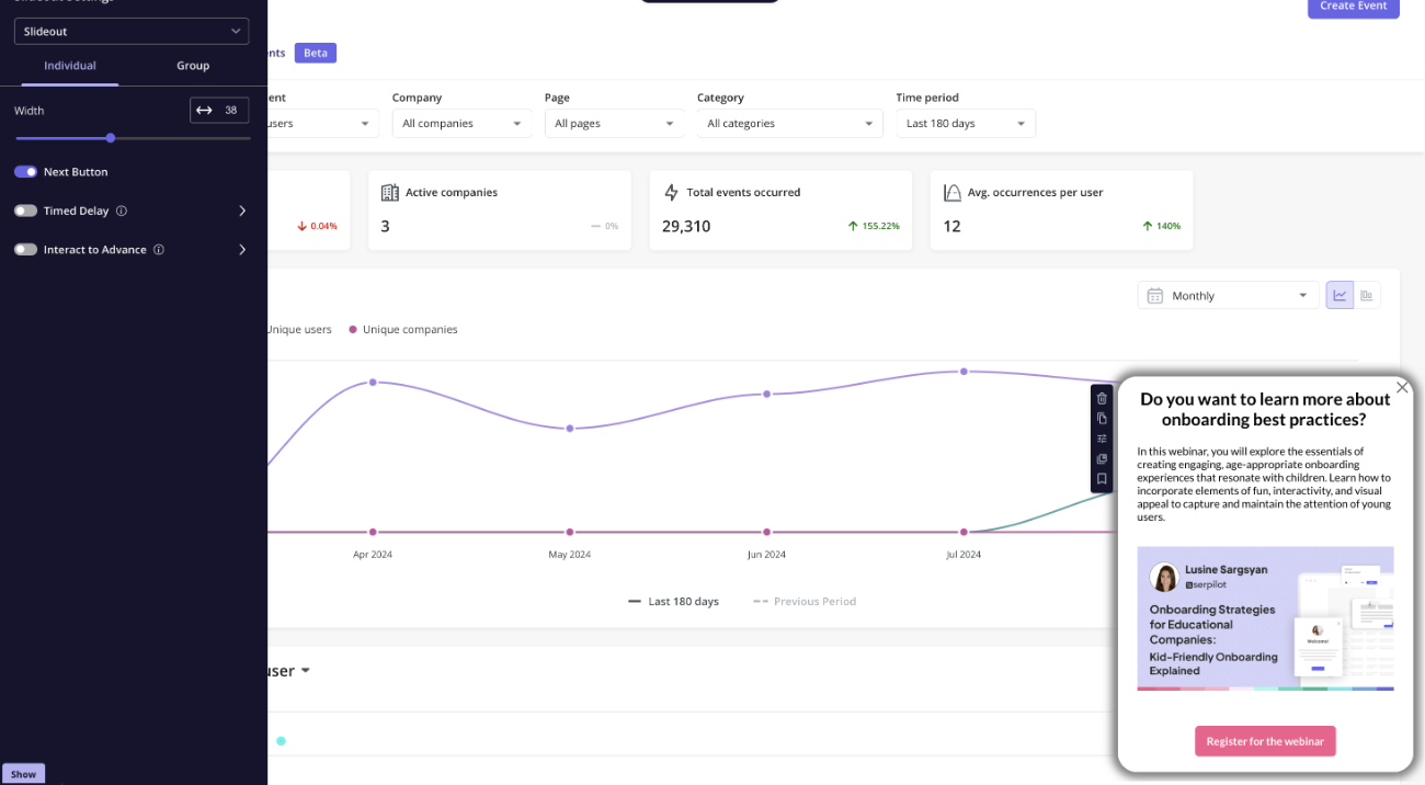 An example of secondary onboarding slideout, enabling a deep dive into a feature