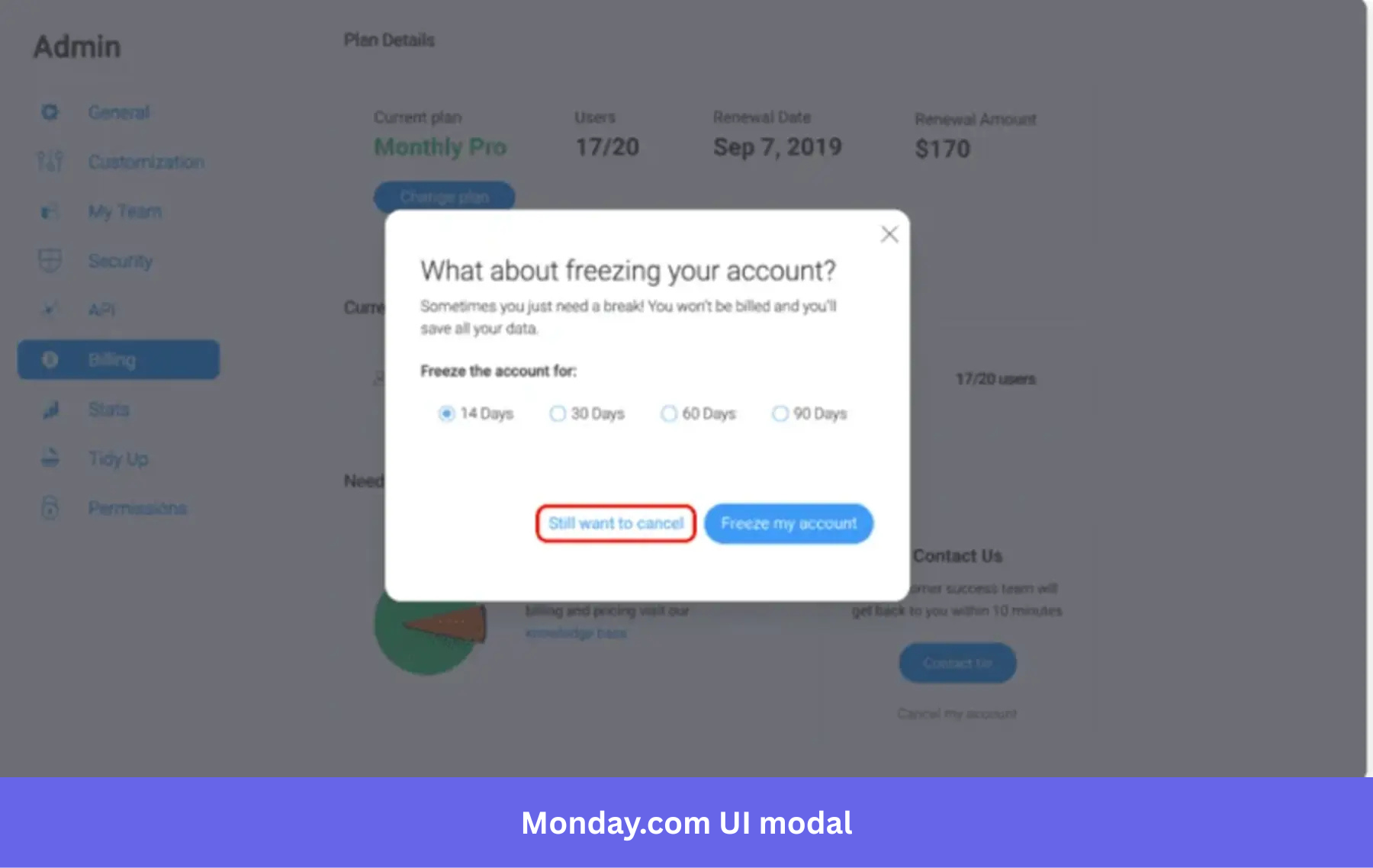 Monday.com freeze account announcement UI modal