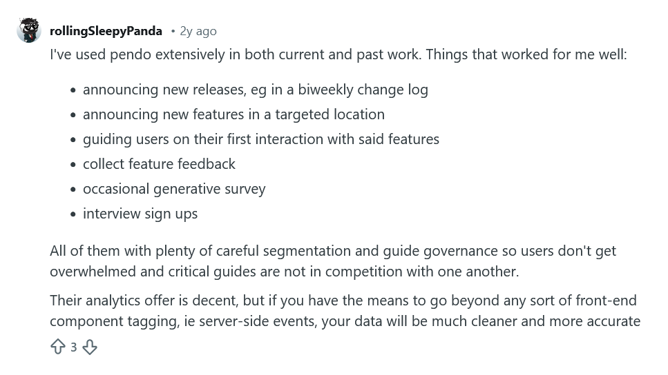 Reddit user sharing their experience with Pendo guides and surveys.