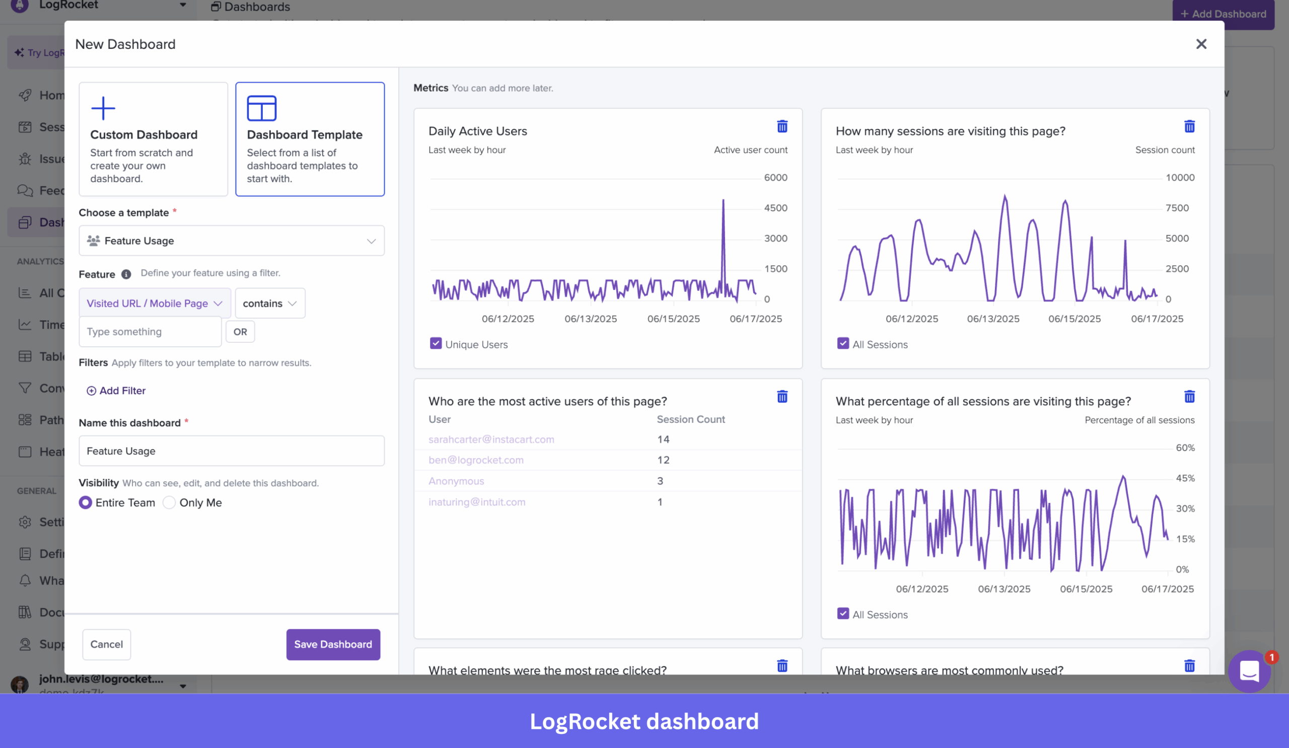 LogRocket dashboard