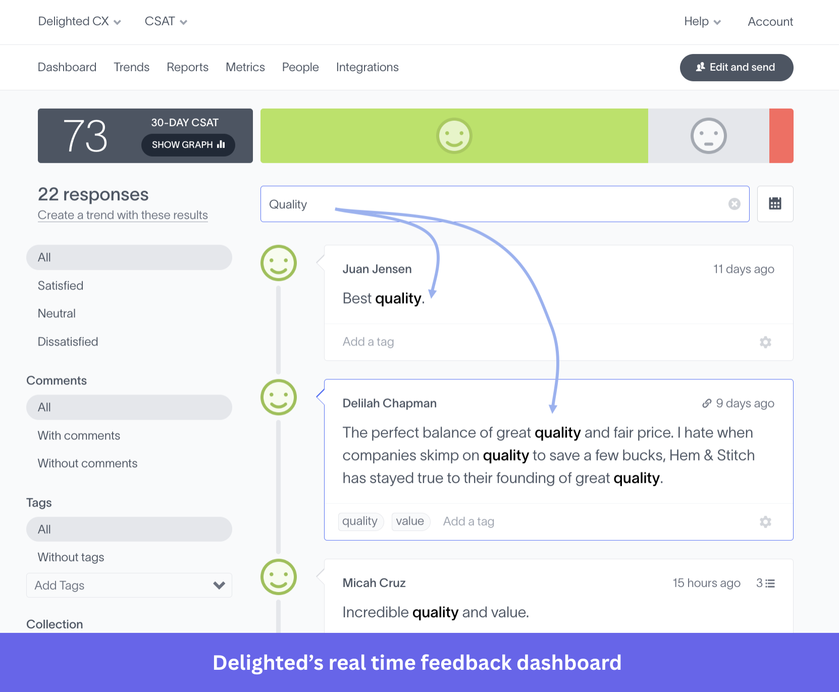 Delighted's real-time feedback dashboard feature