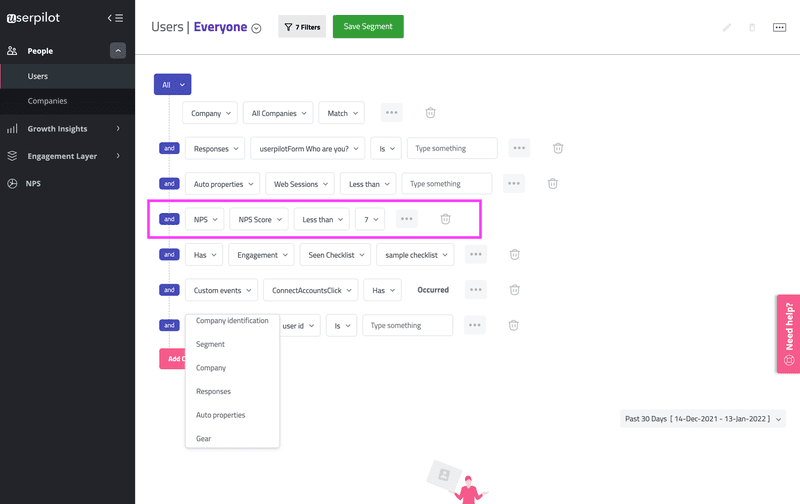 Screenshot of user segmentation in Userpilot