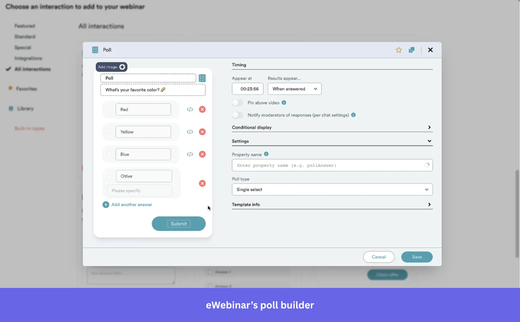 Screenshot of the eWebinar "Poll" interaction editor.
