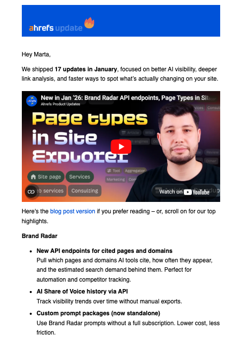 Ahrefs product launch email with a video