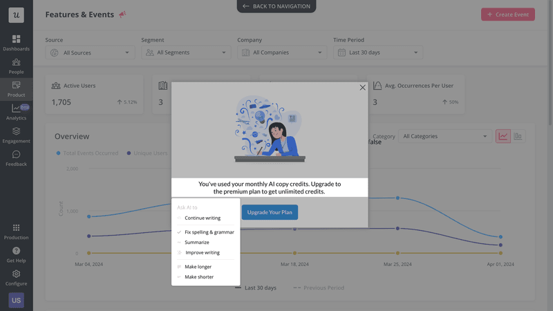 Userpilot’s AI writing assistant in action