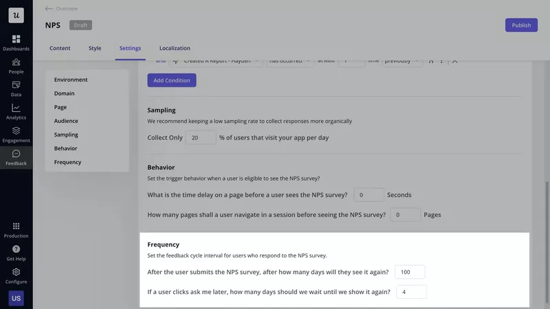 Survey frequency settings in Userpilot