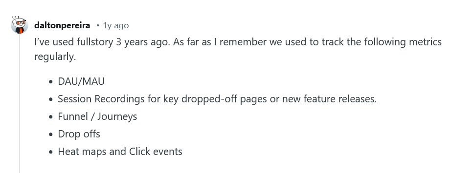 A Reddit comment on FullStory's core use cases.