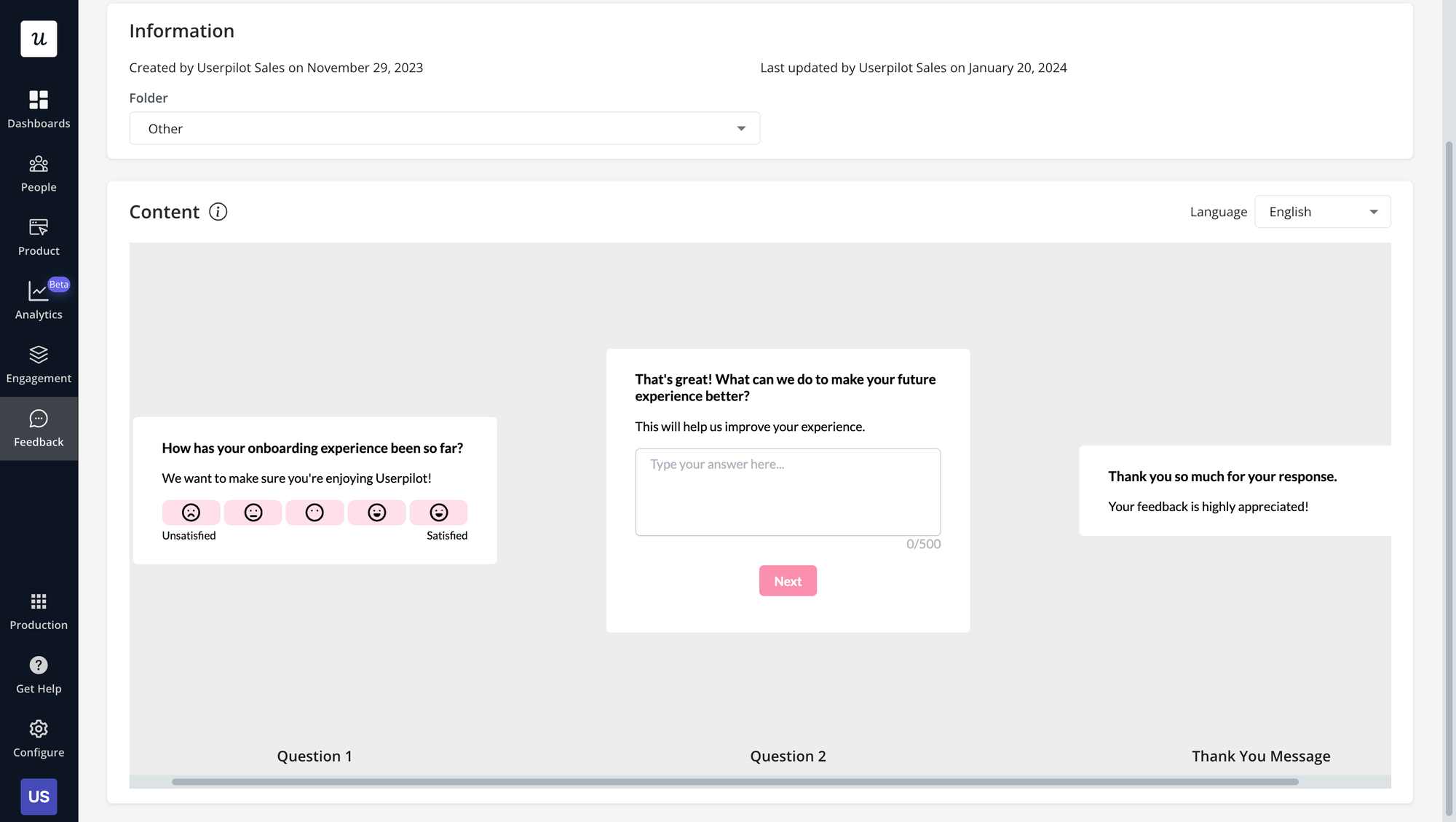 In-app survey about the onboarding process