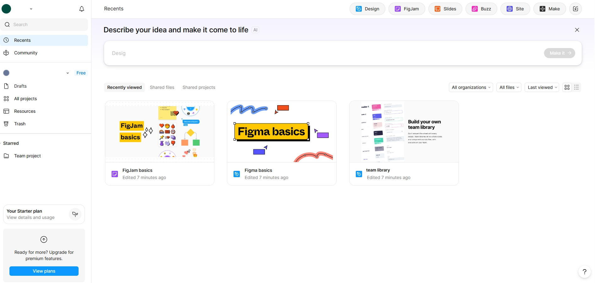Figma's dashboard with user guides