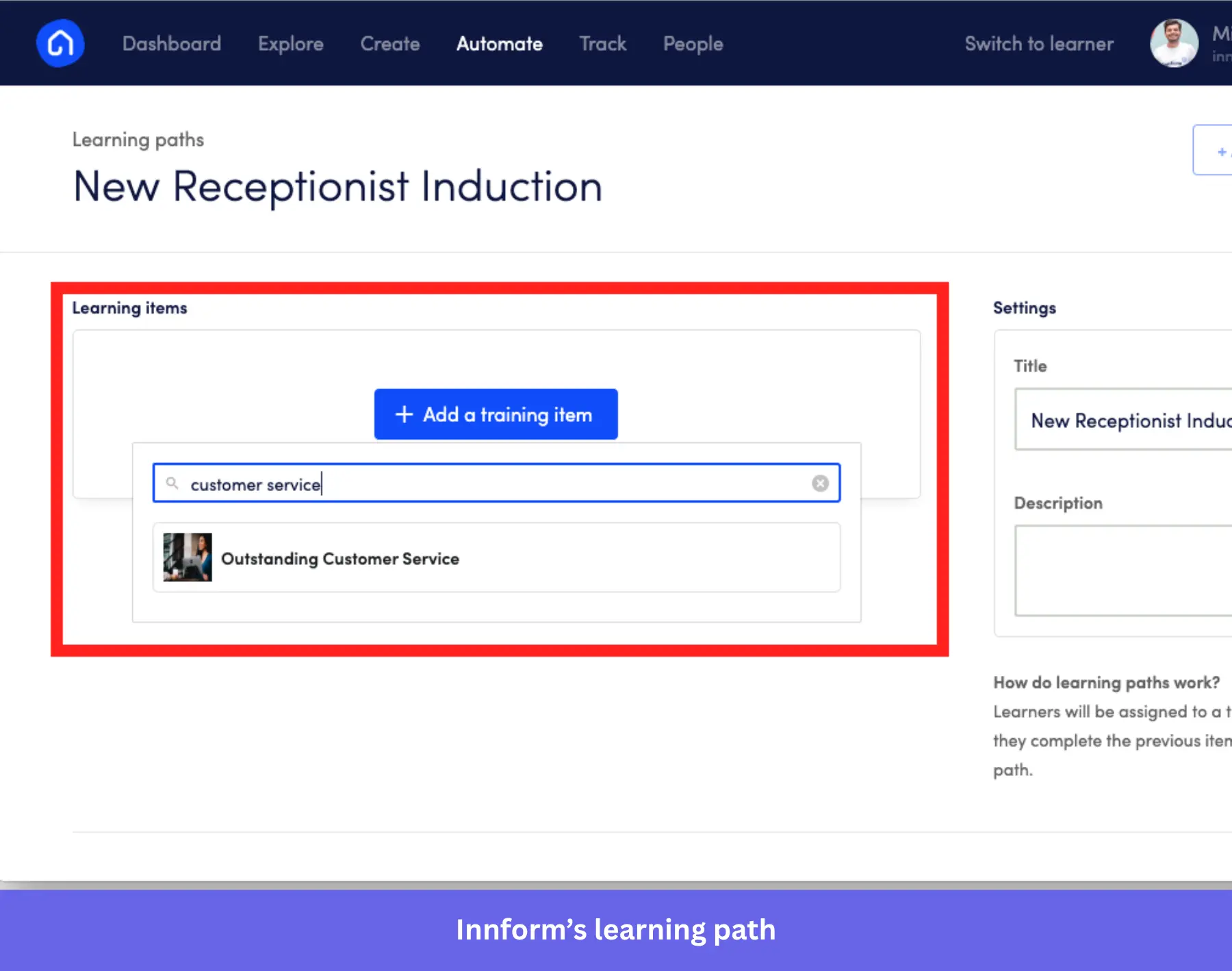 Innform learning path for onboarding compliance.