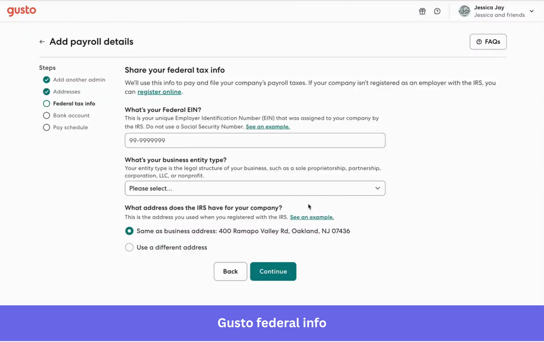 Gusto fintech onboarding with manual data entry. Gusto asking for your federal tax info.