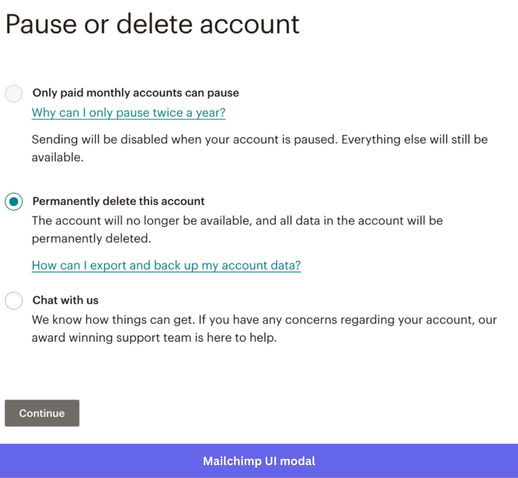 Mailchimp pause or delete account UI modal