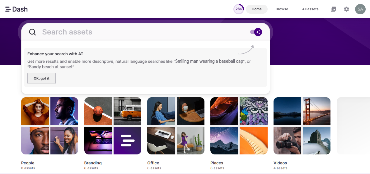 Dash search interface with assets