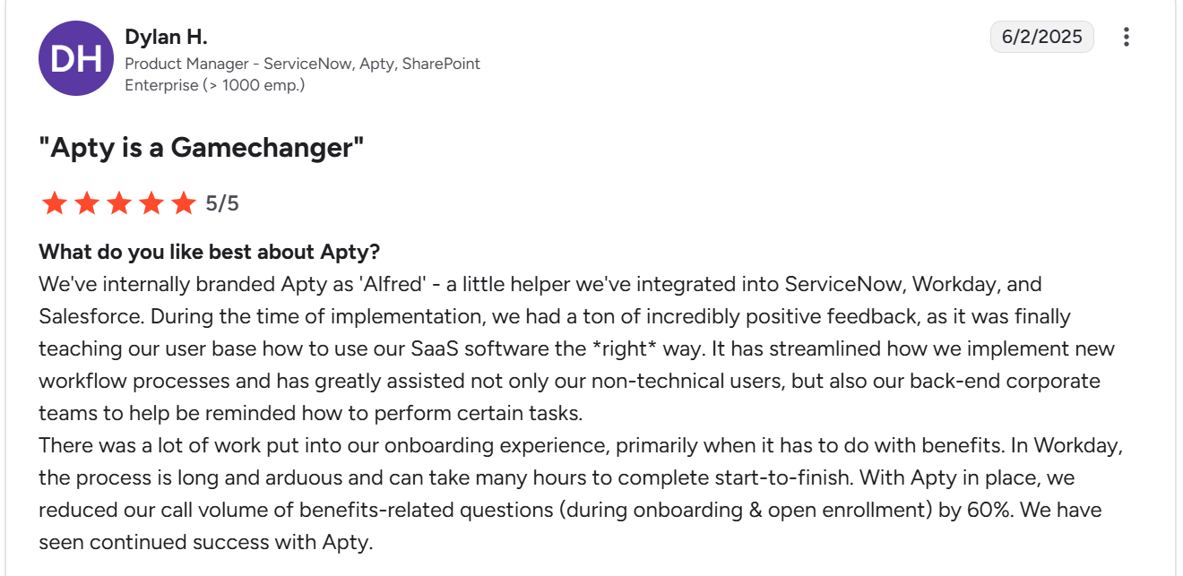 Apty user sharing their positive onboarding experience