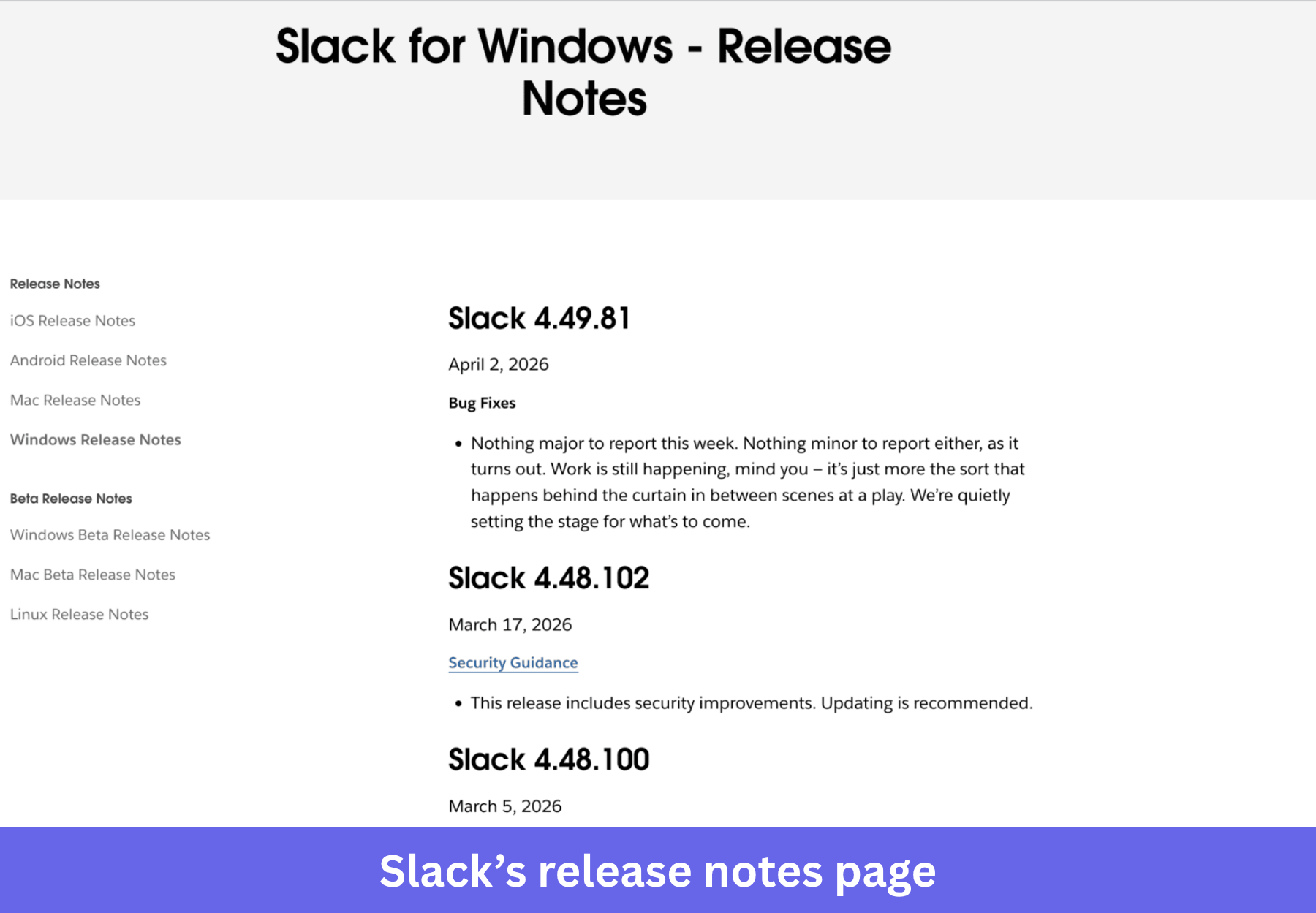 Slack release notes page