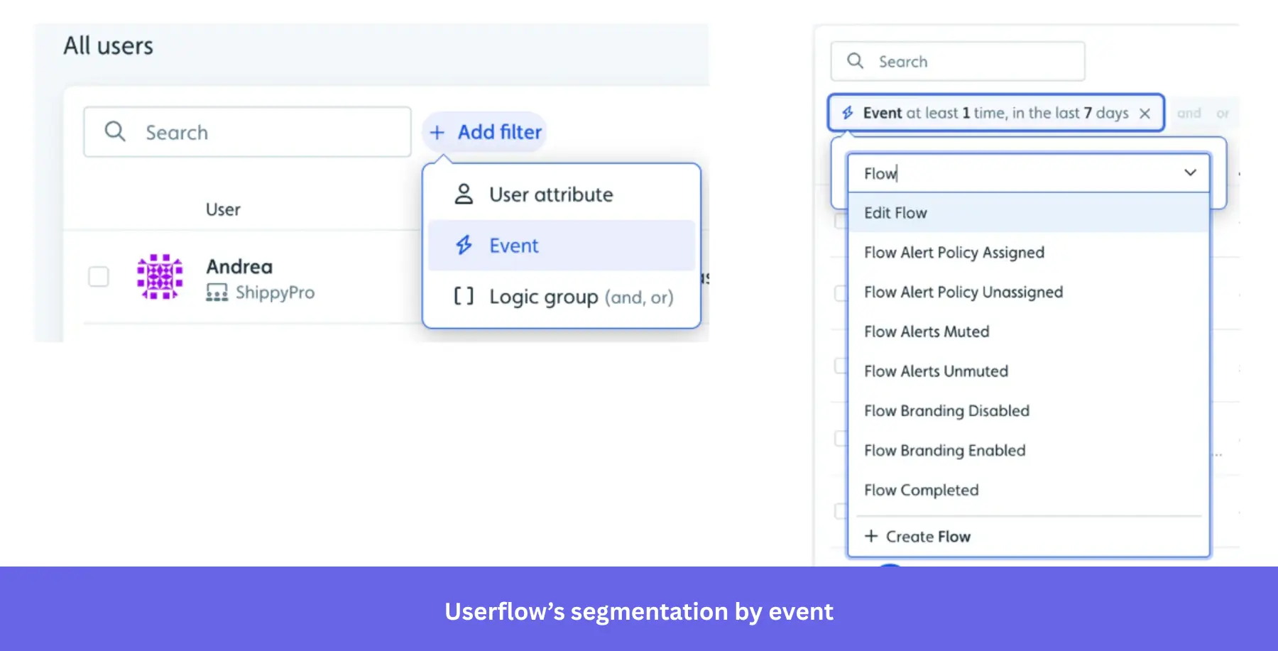 Screenshot of the Userflow interface showing the process of creating a user segment.